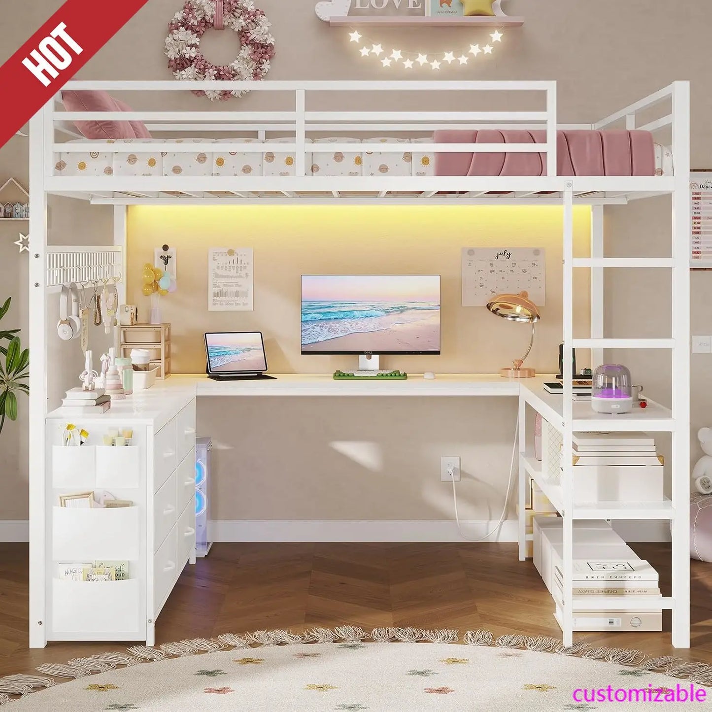 Full Size White Metal Loft Bed with Desk, Drawers & LED