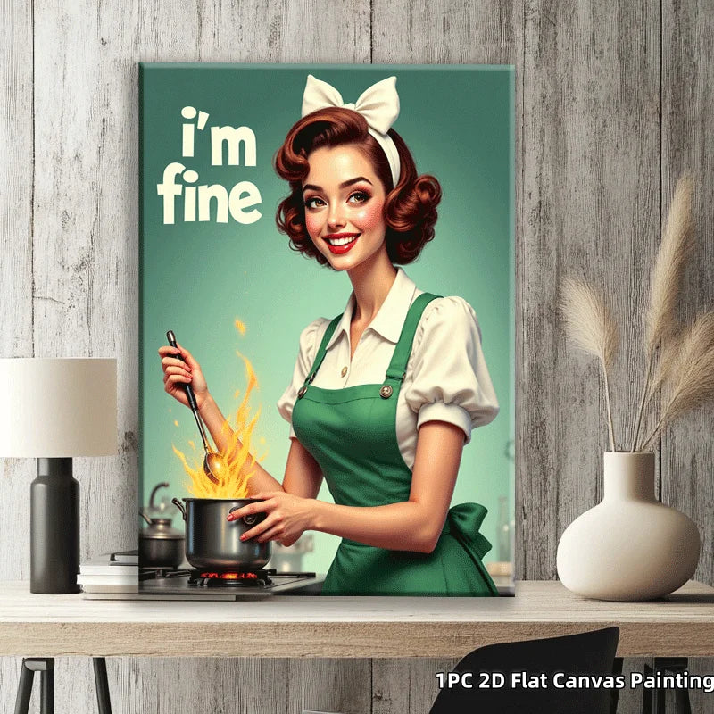 Funny Vintage Style Canvas Painting Cooking Woman Print Humorous