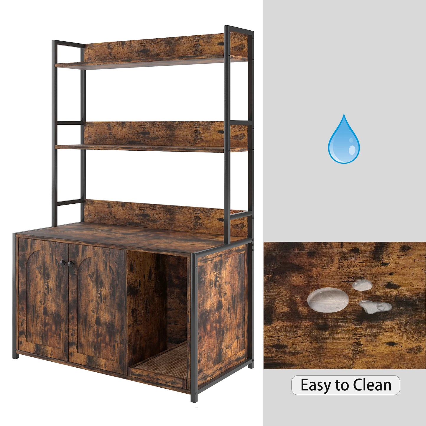 Wooden Hidden Cat Litter Box Enclosure with Shelves and Scratch Pad