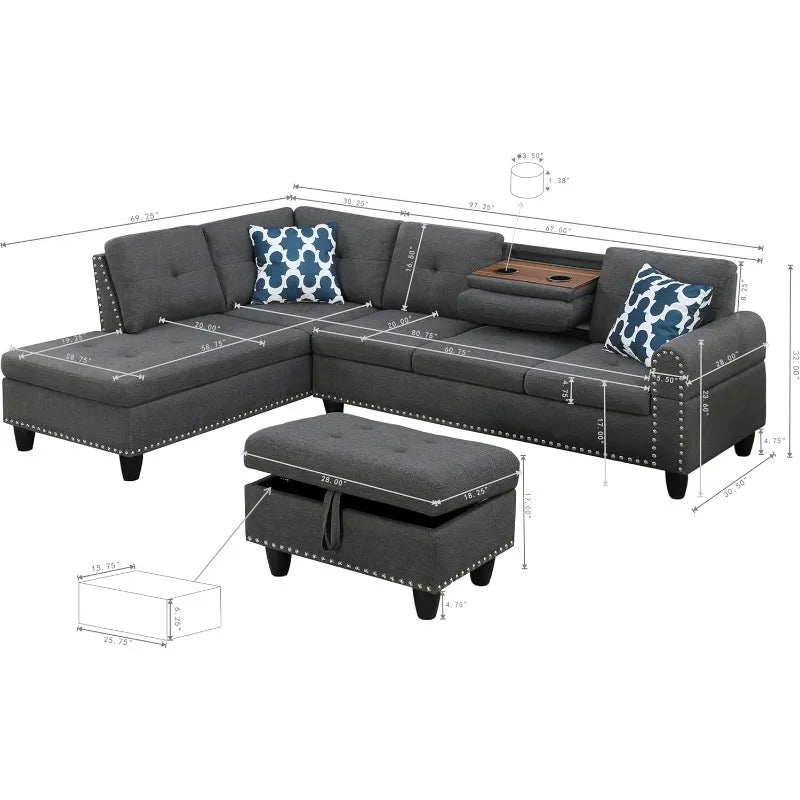 4-Seat Linen Sectional Sofa Set with Cup Holders & Coffee Table