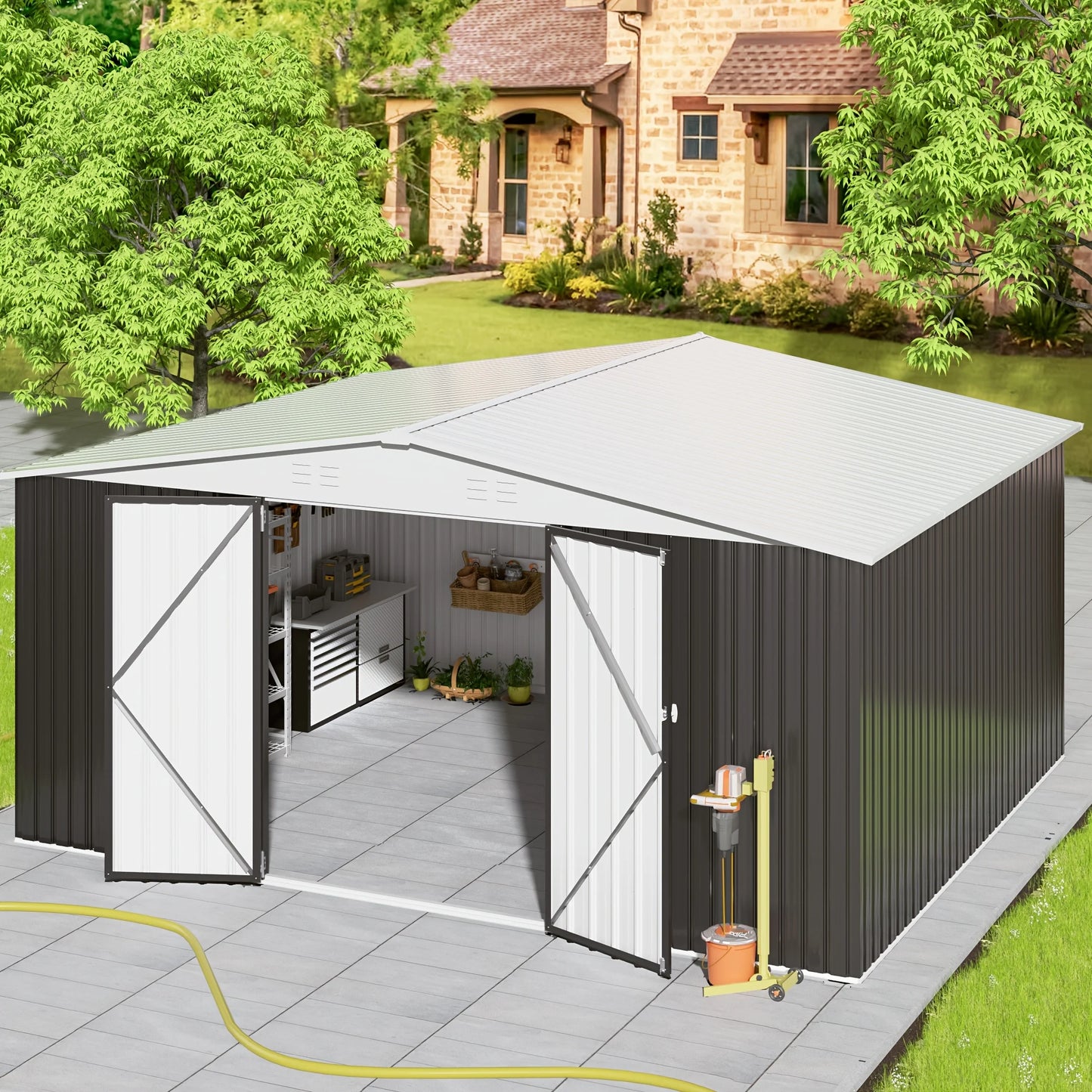 12x14FT Heavy-Duty Galvanized Steel Storage Shed – Lockable Door, White Roof Garden Tool Shed for Backyard & Patio | Easy Assembly