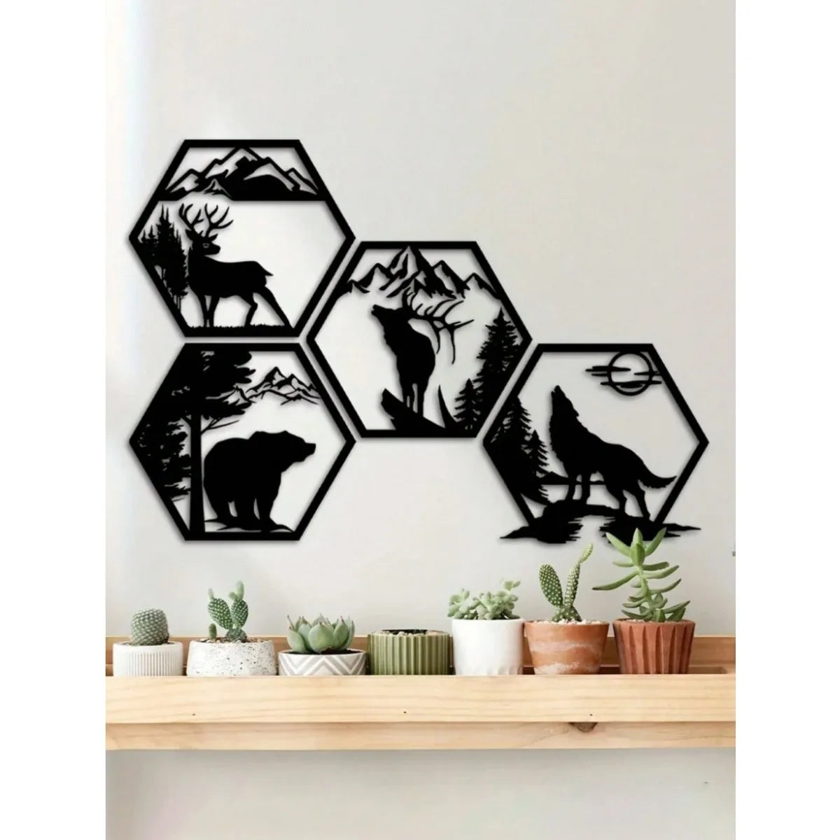 4PC Hexagon Animal Metal Wall Art Set