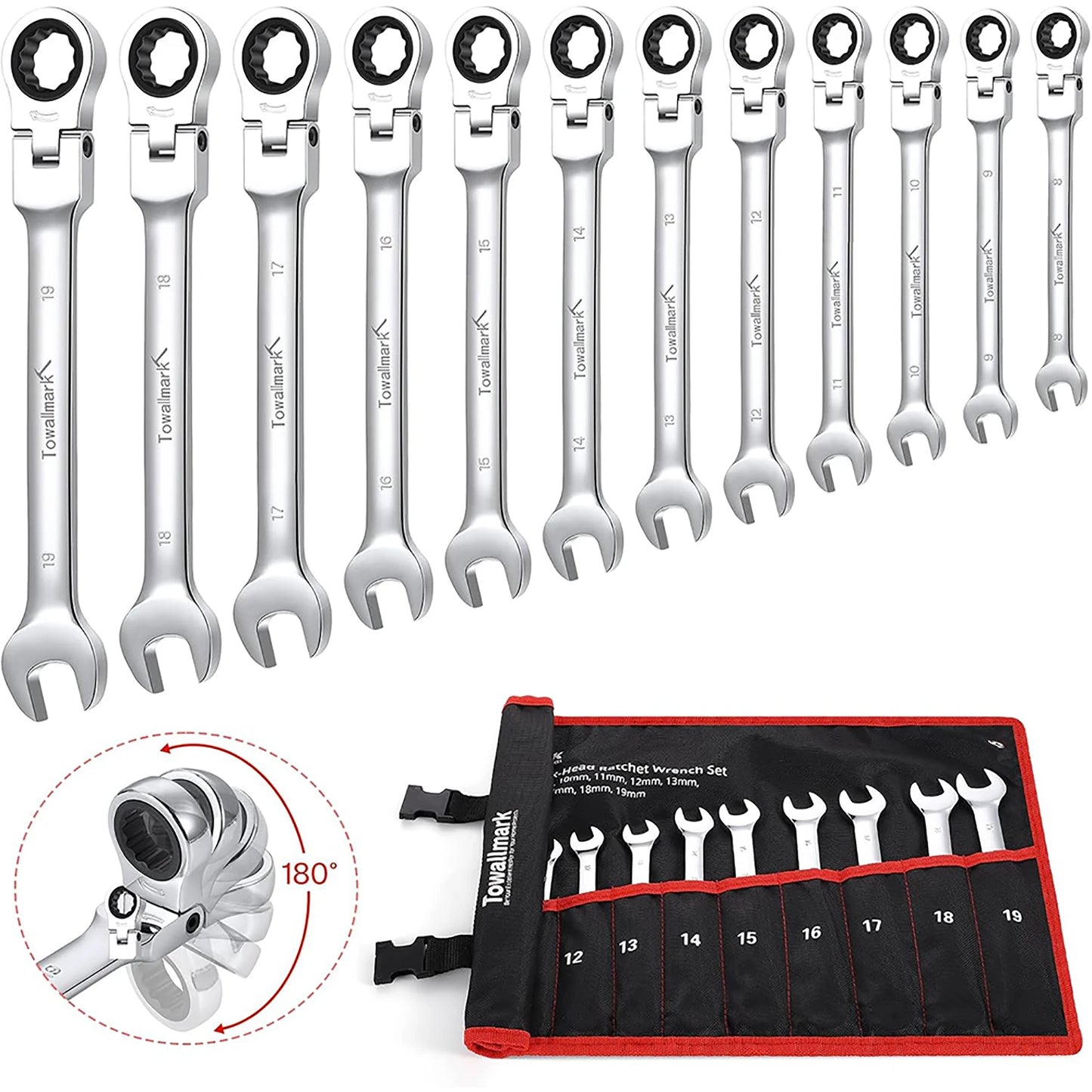 12-Piece Metric Flex-Head Ratcheting Wrench Set with Storage Bag
