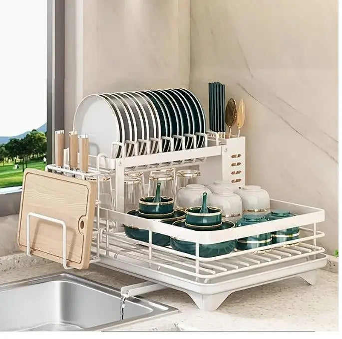 Expandable Double-Tier Dish Rack with Utensil Holder & Draining Tray