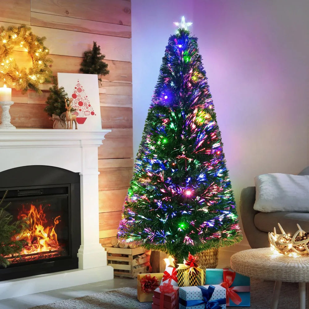 4/5/6/7FT Pre-Lit Fiber Optic Artificial Christmas Tree Multicolor Lights &Stand