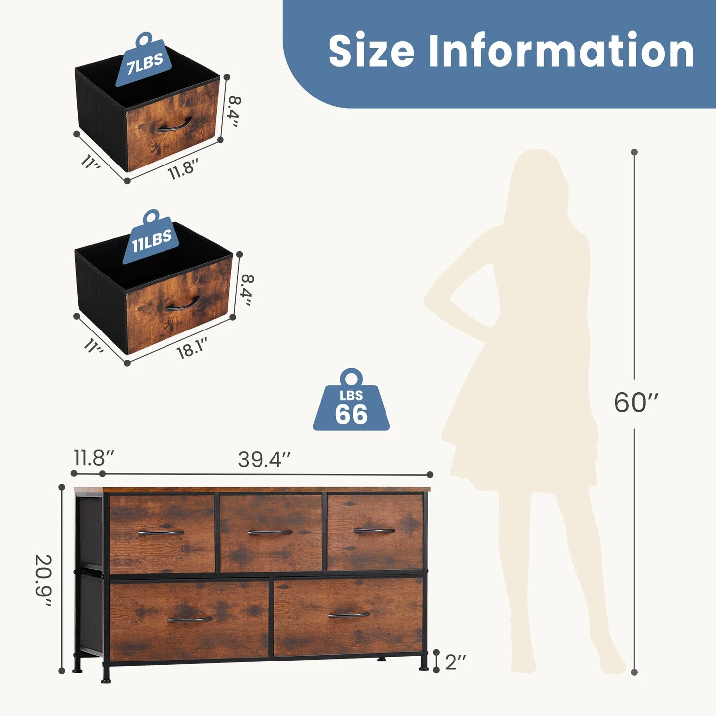 Living Room Display Cabinet – 5 Fabric Drawer Closet for Clothes & Storage Organization