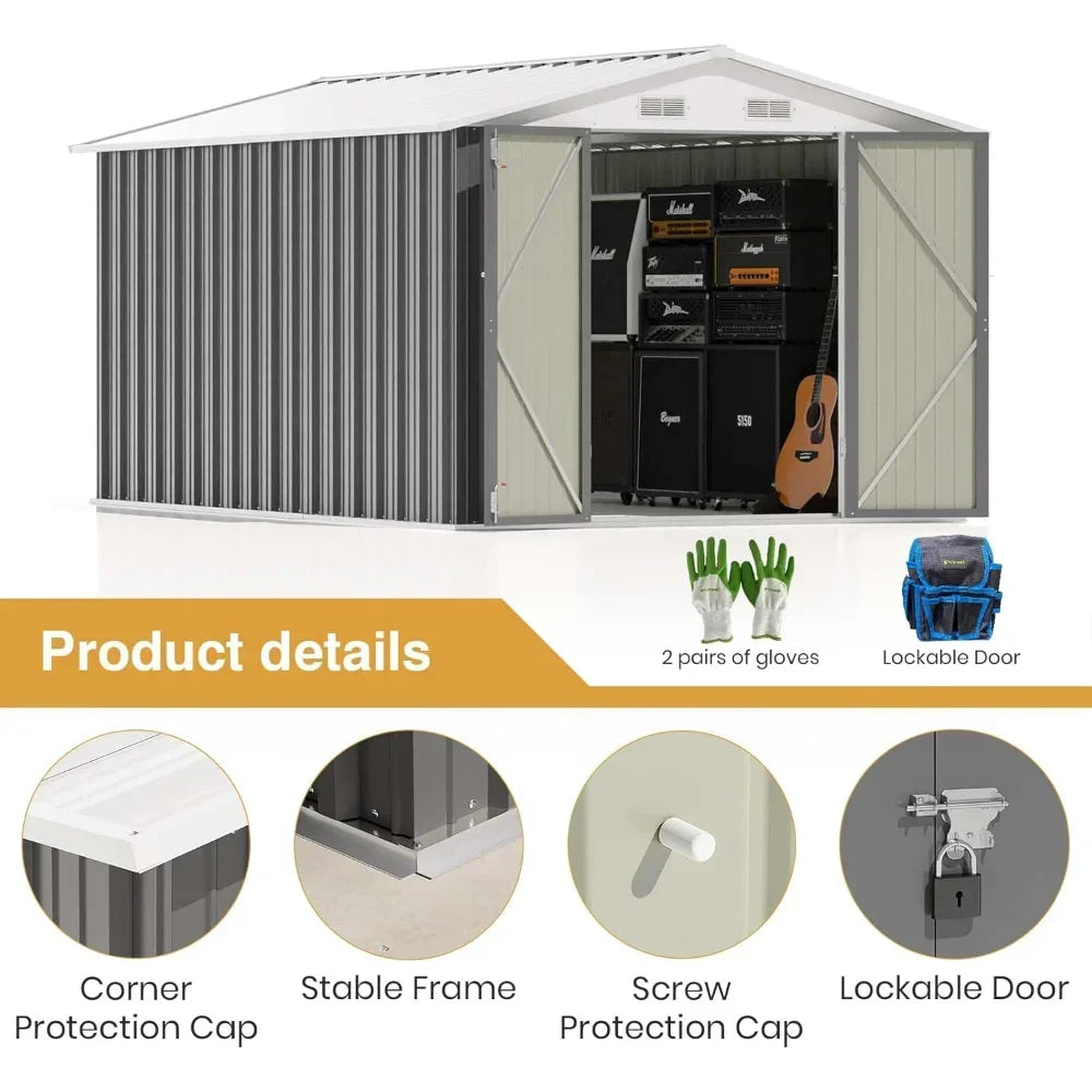 Outdoor Steel Utility and Tool Storage Shed, Lockable Doors