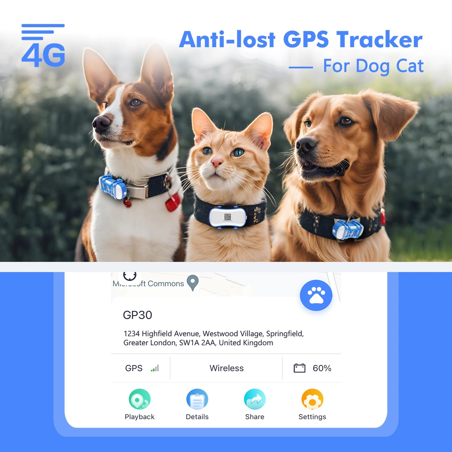 ‌4G Pet GPS Locator Tracker Waterproof Light/Sound Search