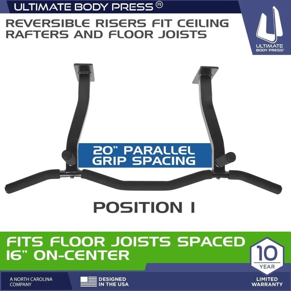 Ceiling-Mount Pull-Up Bar – Reversible Risers, 4-Grip Home Gym Bar