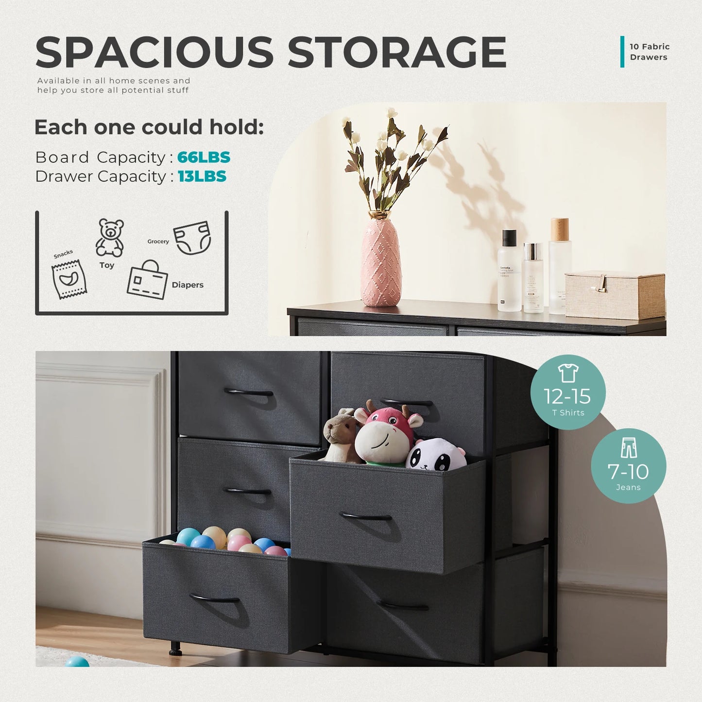 JHK Bedside Table For Bedroom With 10 Fabric Drawers