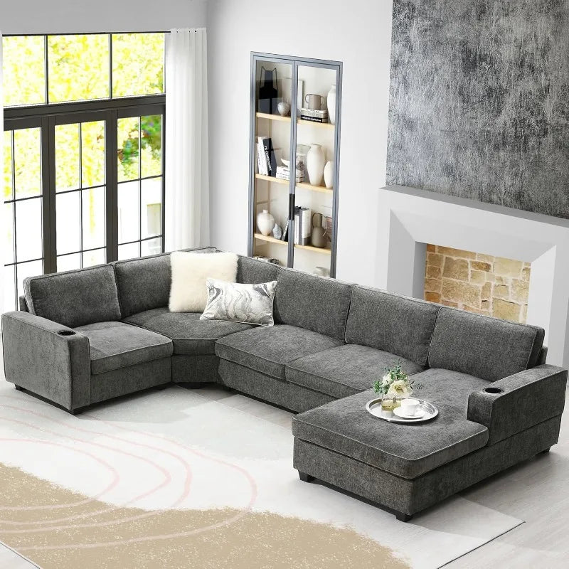 Modern U-Shaped Cloud Couch Set with Oversized Chaise & Cup Holders