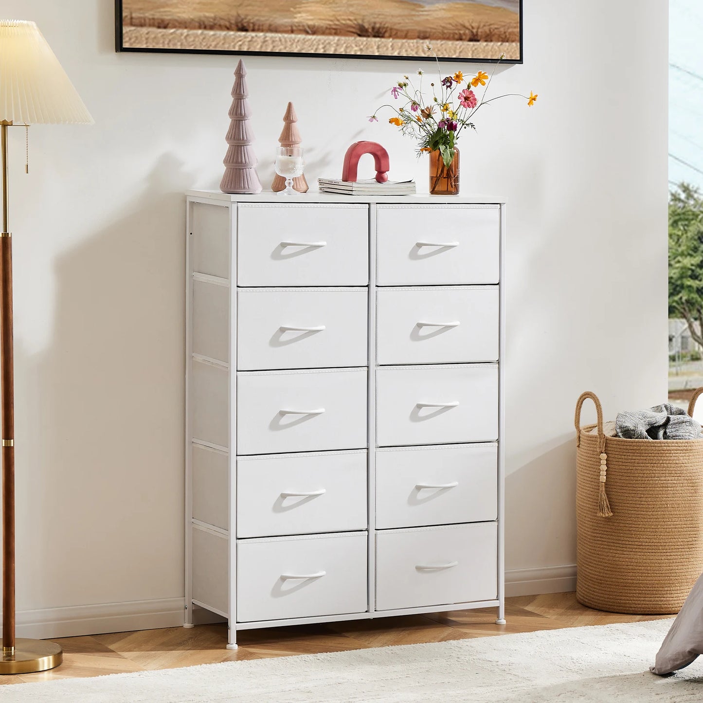 JHK Bedside Table For Bedroom With 10 Fabric Drawers