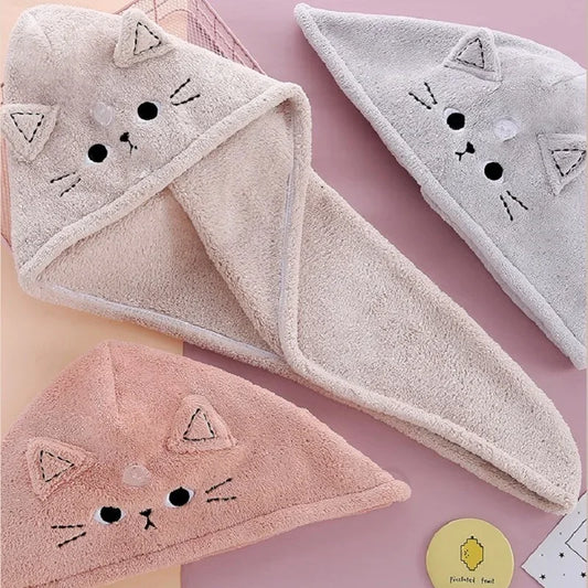 Cute Microfiber Hair Drying Turban – Soft Quick-Dry Shower Cap Towel for Women & Girls, Cat Design