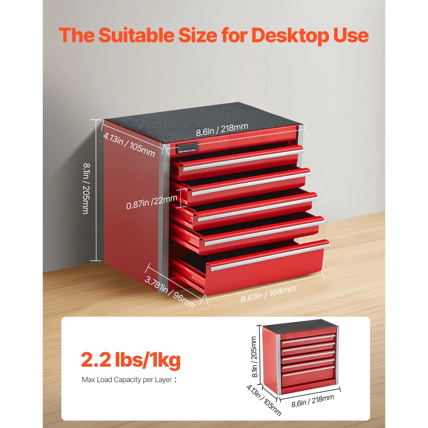 SucceBuy 5-Drawer Portable Metal Tool Box – 8.6" Compact Steel Tool Chest (Red/Black)