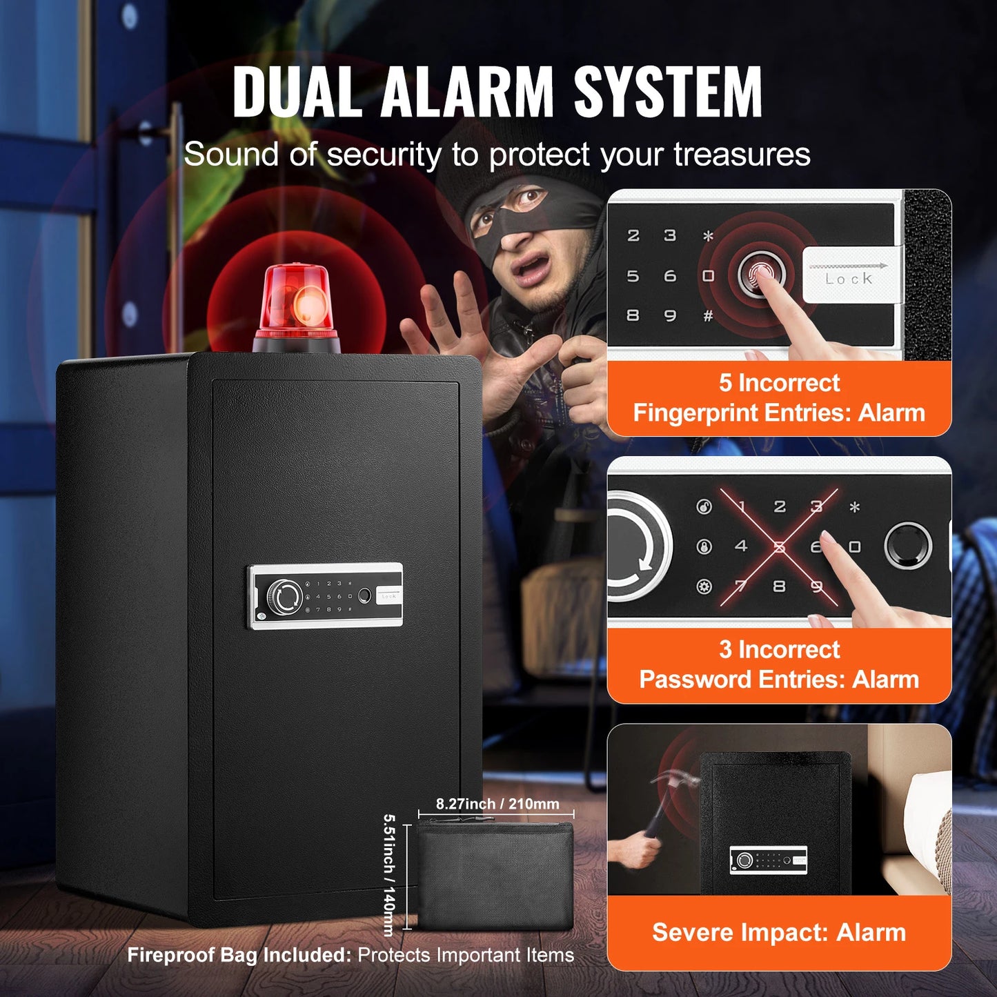 Fingerprint Safe Box – Digital Lock, Fireproof Bag, LED Interior, Dual Door Option