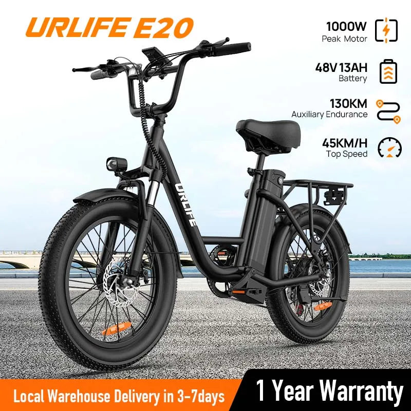 URLIFE E20 Electric Bike – 1000W Motor, 48V 13Ah Battery, Fat Tire, 20MPH, 7-Speed