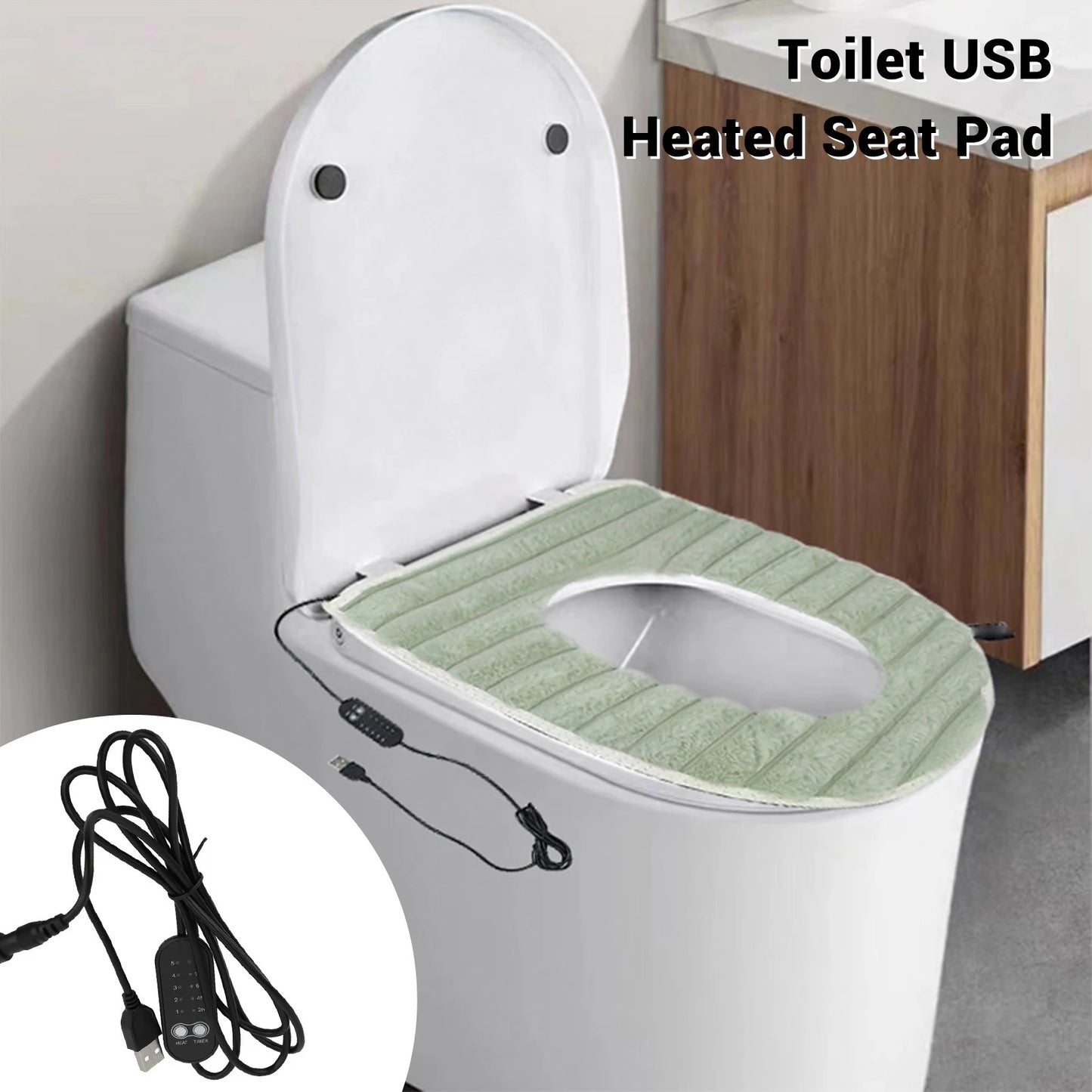 Toilet Heated Seat Washable Fabric, Waterproof PU, USB Heating Warmer