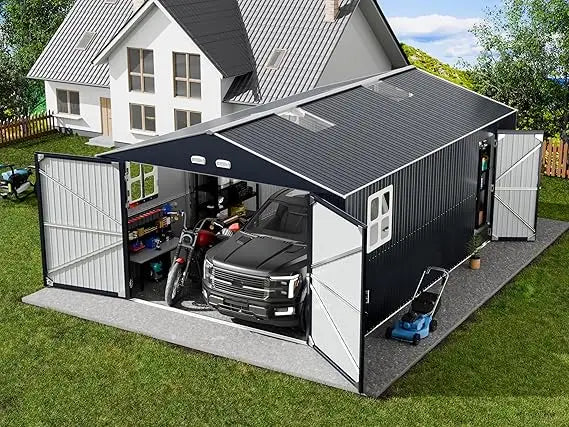Large Metal Garage Shed – Weatherproof Storage with Skylight