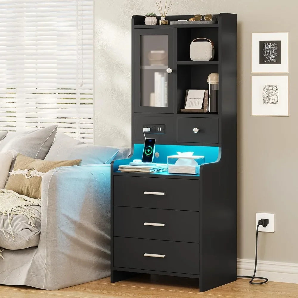 LED Nightstand Set of 2 with Charging Station – Black