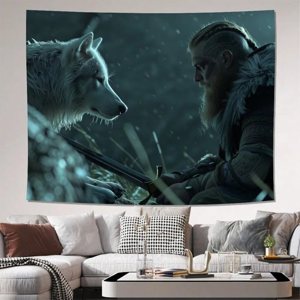 Norse Fantasy Warrior Mythology Viking Wolf Wall Hanging Tapestry