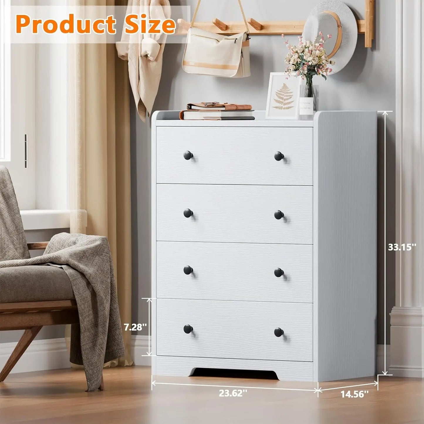 White 4-Drawer Bedroom Dresser Storage Cabinet