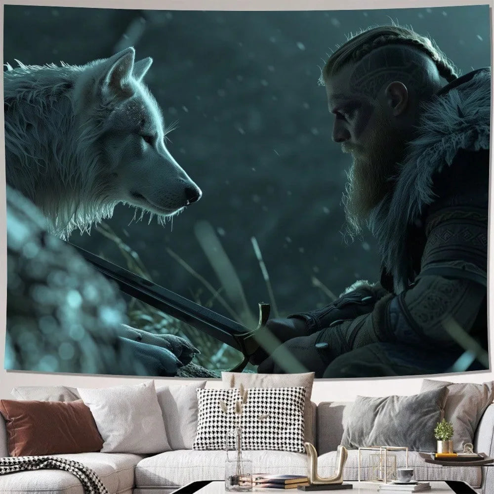 Norse Fantasy Warrior Mythology Viking Wolf Wall Hanging Tapestry