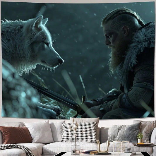 Norse Fantasy Warrior Mythology Viking Wolf Wall Hanging Tapestry