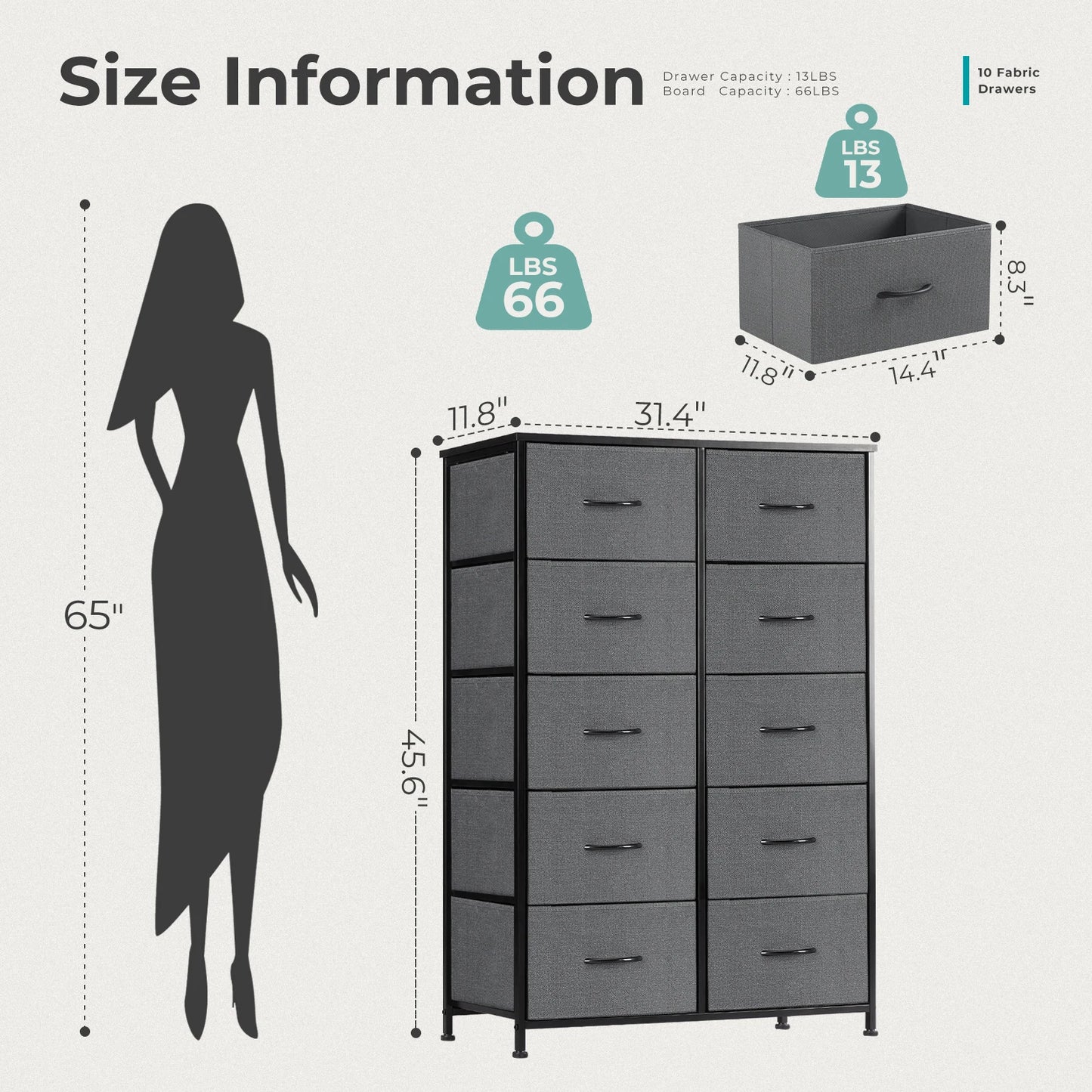 JHK Bedside Table For Bedroom With 10 Fabric Drawers