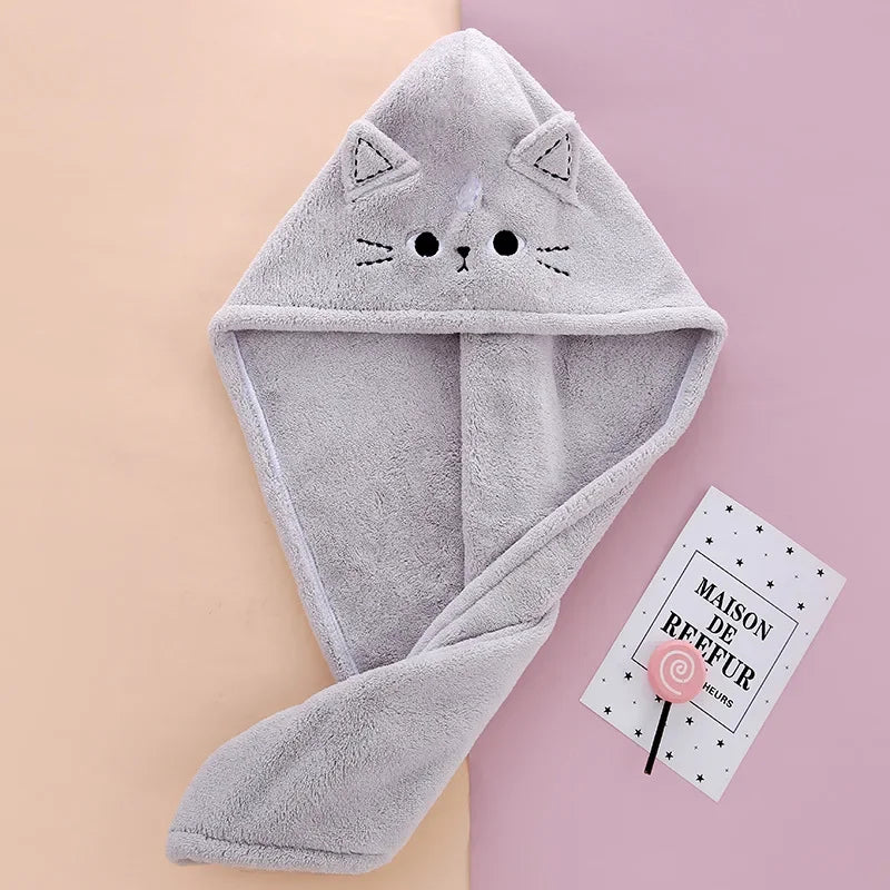 Cute Microfiber Hair Drying Turban – Soft Quick-Dry Shower Cap Towel for Women & Girls, Cat Design