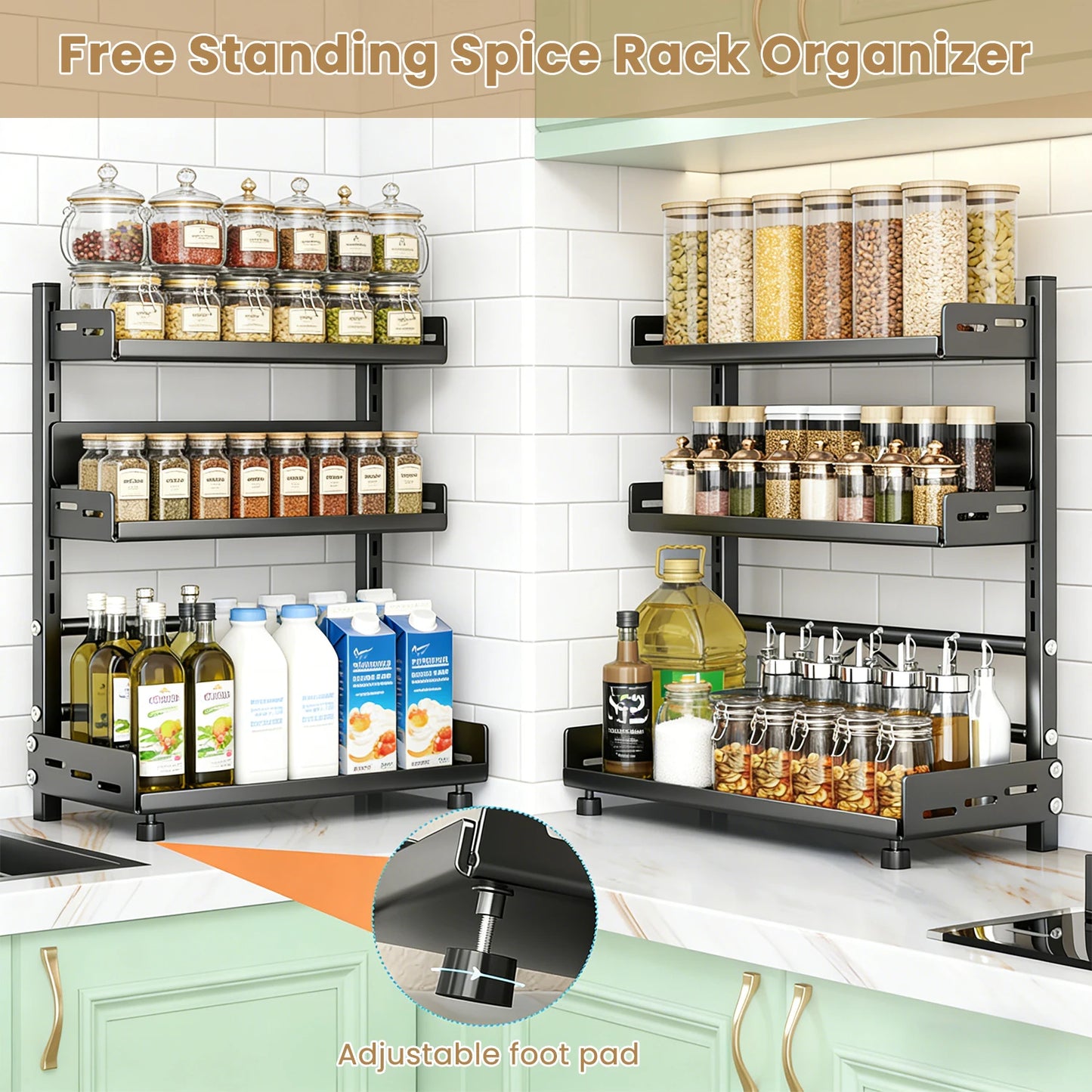 Kitchen Spice Rack – Three-Tier Height-Adjustable Standing Rack, Large-Capacity Rust-Proof Metal