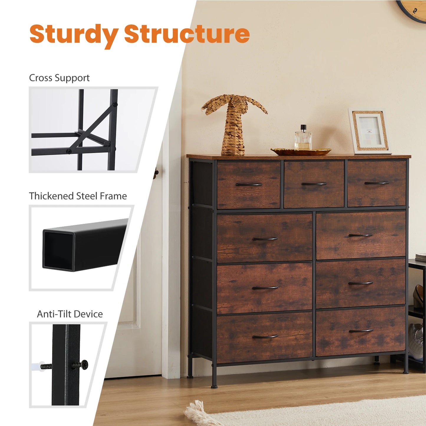 JHK 9-Drawer Fabric Dresser – Tall Bedroom Storage Cabinet