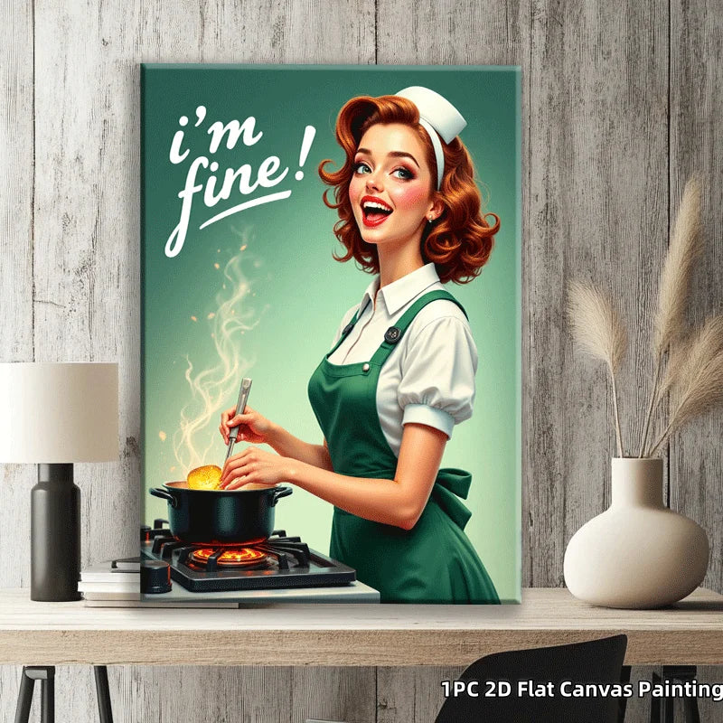 Funny Vintage Style Canvas Painting Cooking Woman Print Humorous