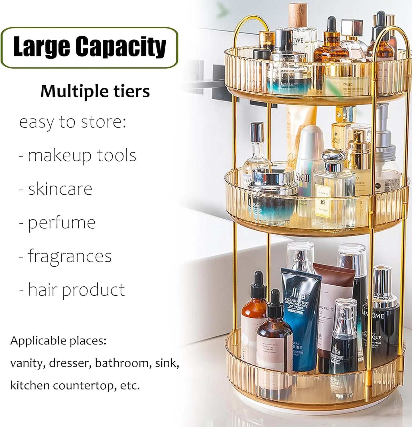 3-Tier Rotating Makeup Organizer for Vanity