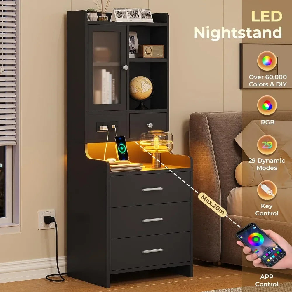 LED Nightstand Set of 2 with Charging Station – Black