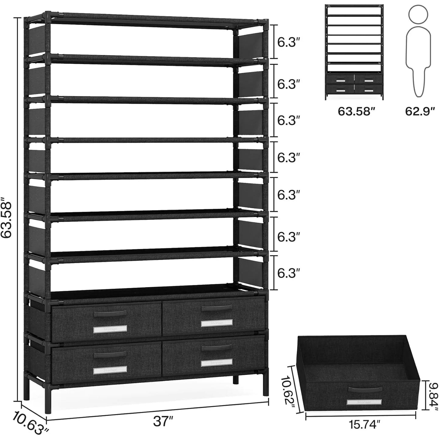 4-Bin Vertical Bookshelf Shoe Rack with Clothes Rack