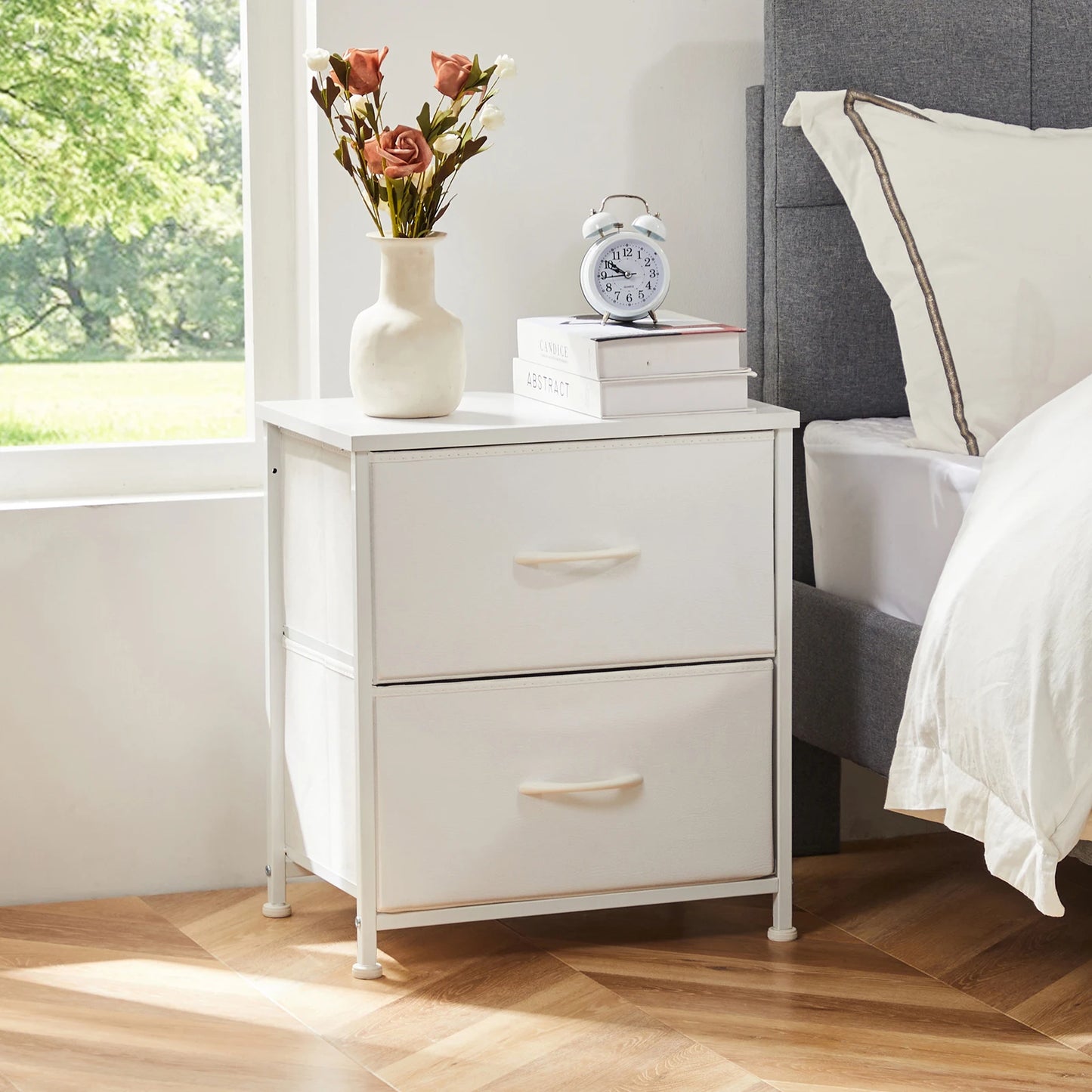 JHK Nightstand with 2 Fabric Drawers – Bedside Storage Cabinet