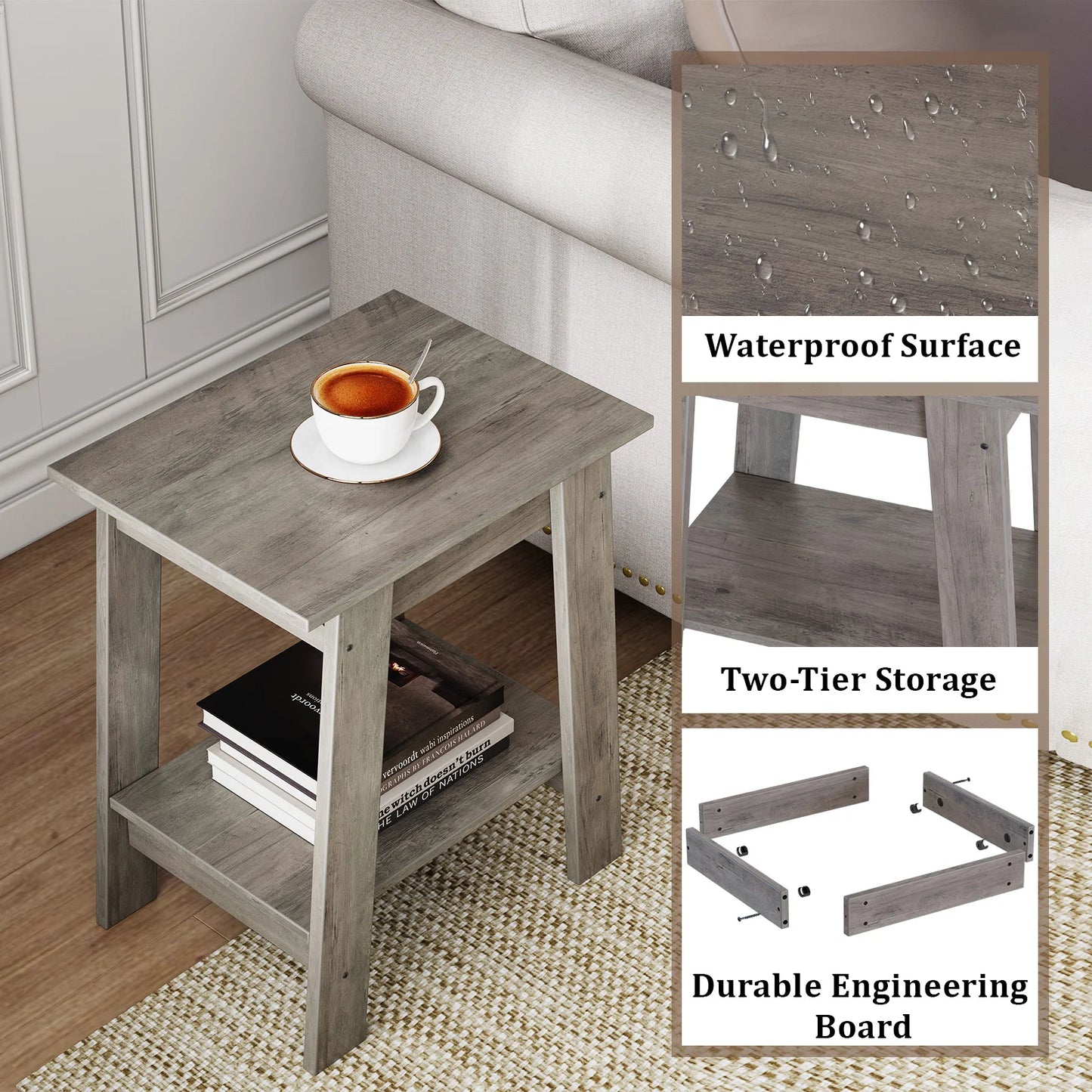 Minimalist Wooden End Table with 2-Tier Storage Shelf