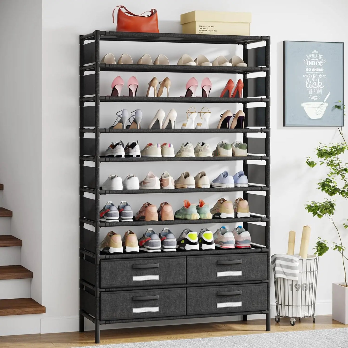 4-Bin Vertical Bookshelf Shoe Rack with Clothes Rack