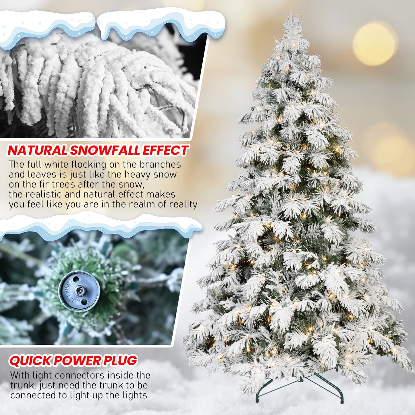 Snow Flocked Artificial Christmas Tree Pre-Lit Full-Bodied Warm Lights