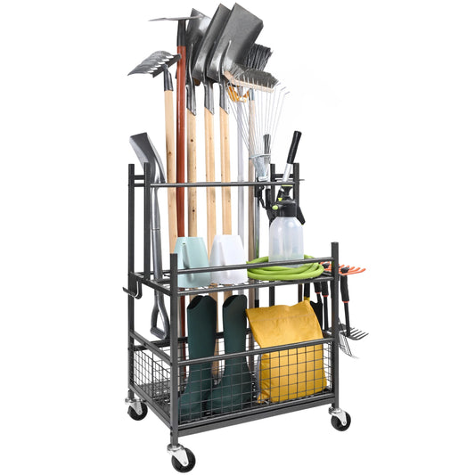 16-Slot Garden Tool Organizer Rack with Wheels & Hooks –