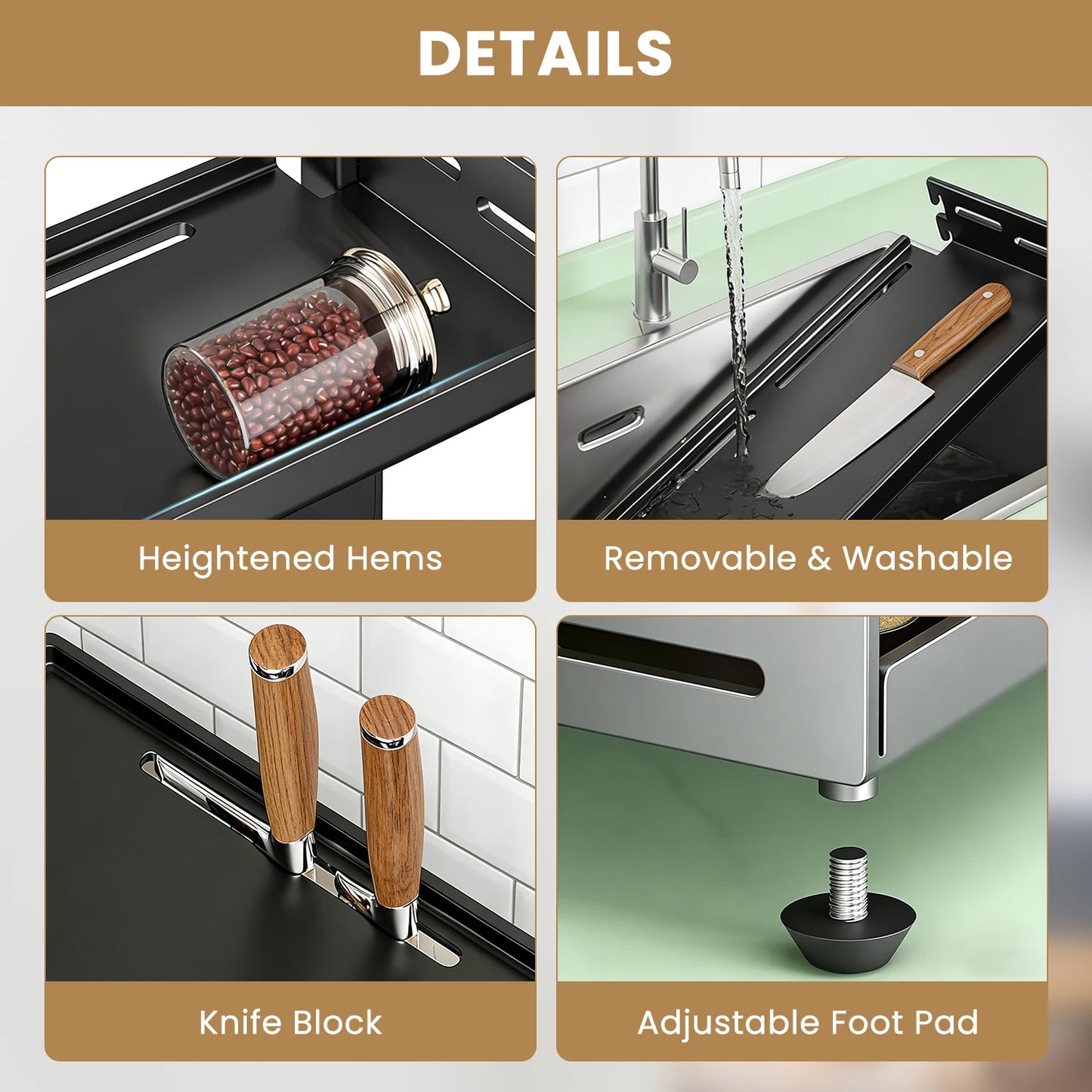 Kitchen Spice Rack – Three-Tier Height-Adjustable Standing Rack, Large-Capacity Rust-Proof Metal
