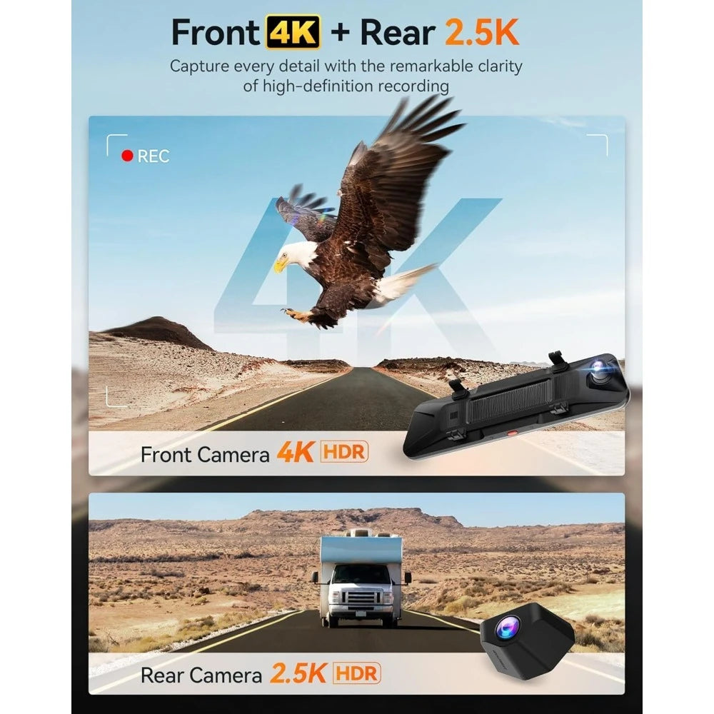 Best-Mirror 12" Dash Cam – STARVIS 2 IMX678, 4K Front & 2.5K Rear, Voice Control
