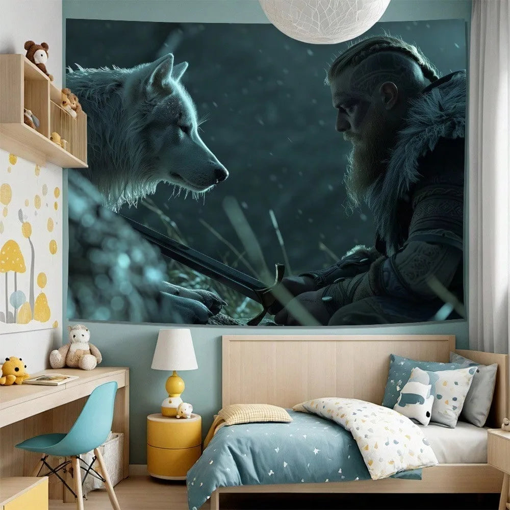 Norse Fantasy Warrior Mythology Viking Wolf Wall Hanging Tapestry