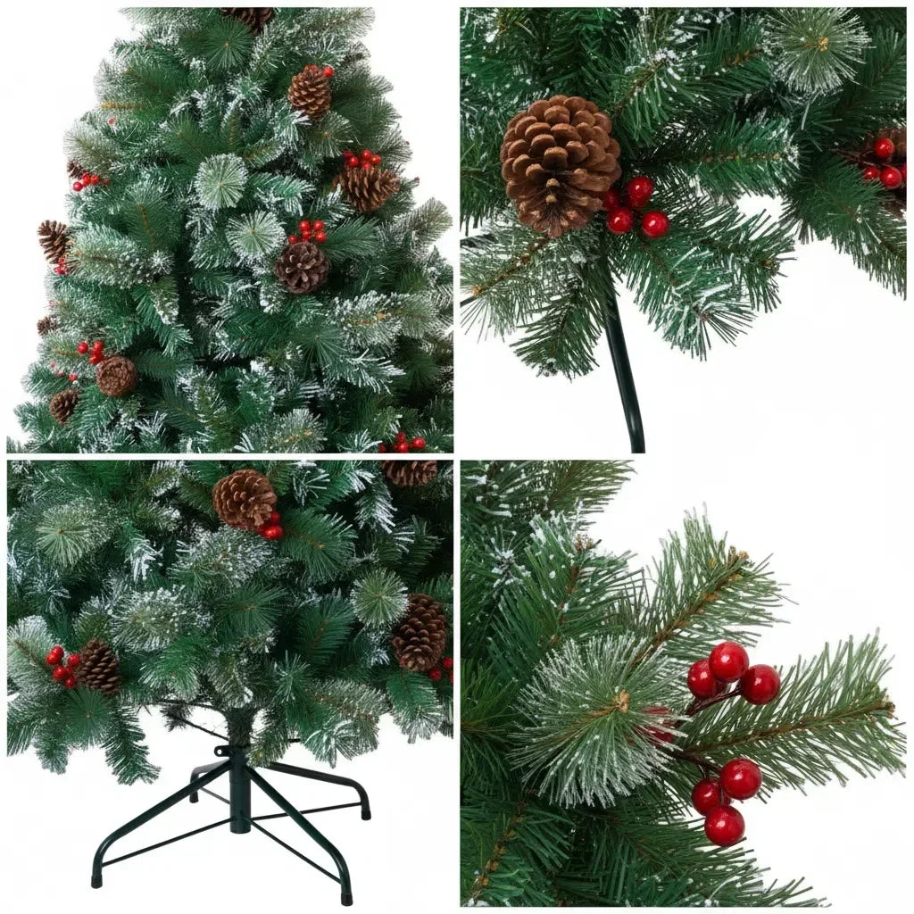 Realistic Green Artificial Christmas Tree – Unlit Pine Tree with Natural Pinecones & Holly Berries