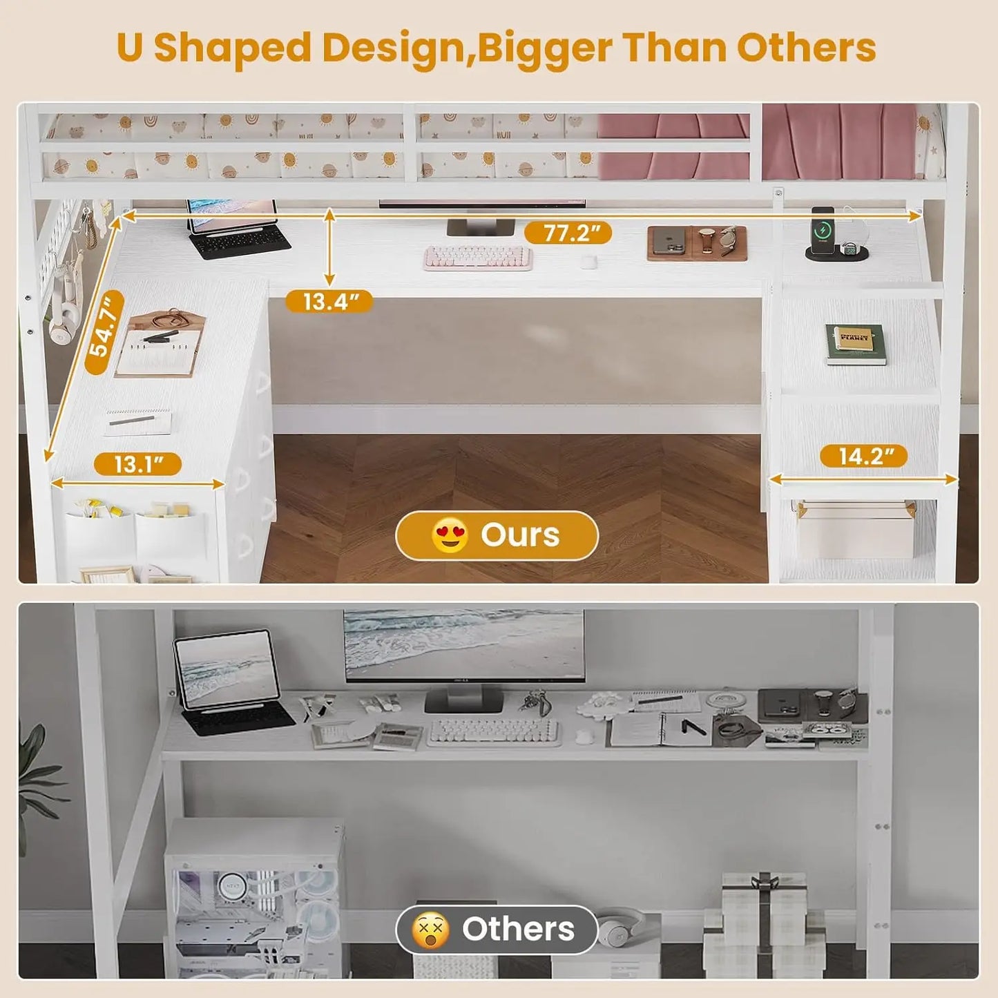 Full Size White Metal Loft Bed with Desk, Drawers & LED