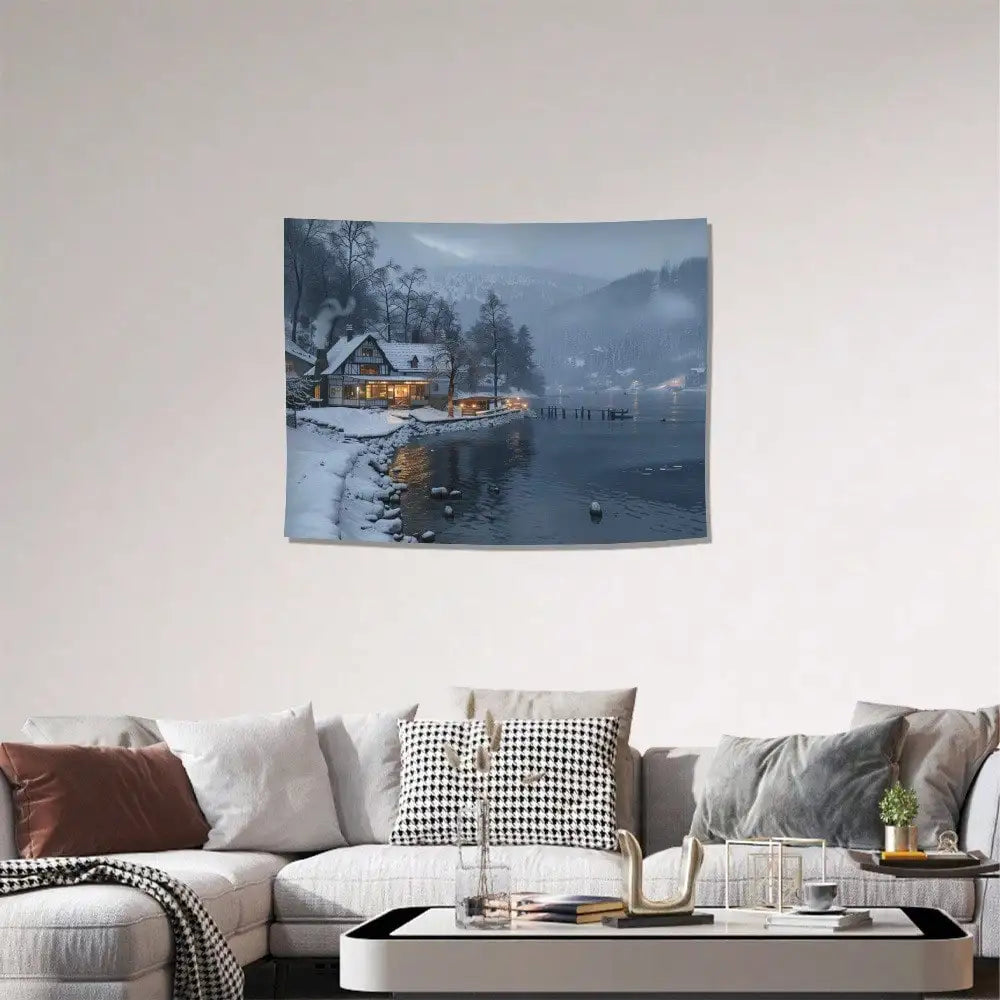 Winter Snow Cabin Lake Cozy Scenic Wall Hanging Tapestry