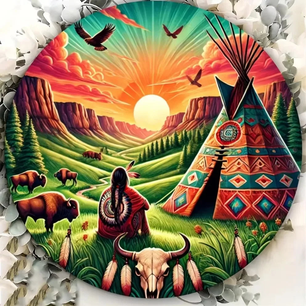 Native American Inspired Circular Wall Art – Vintage Tribal Teepee