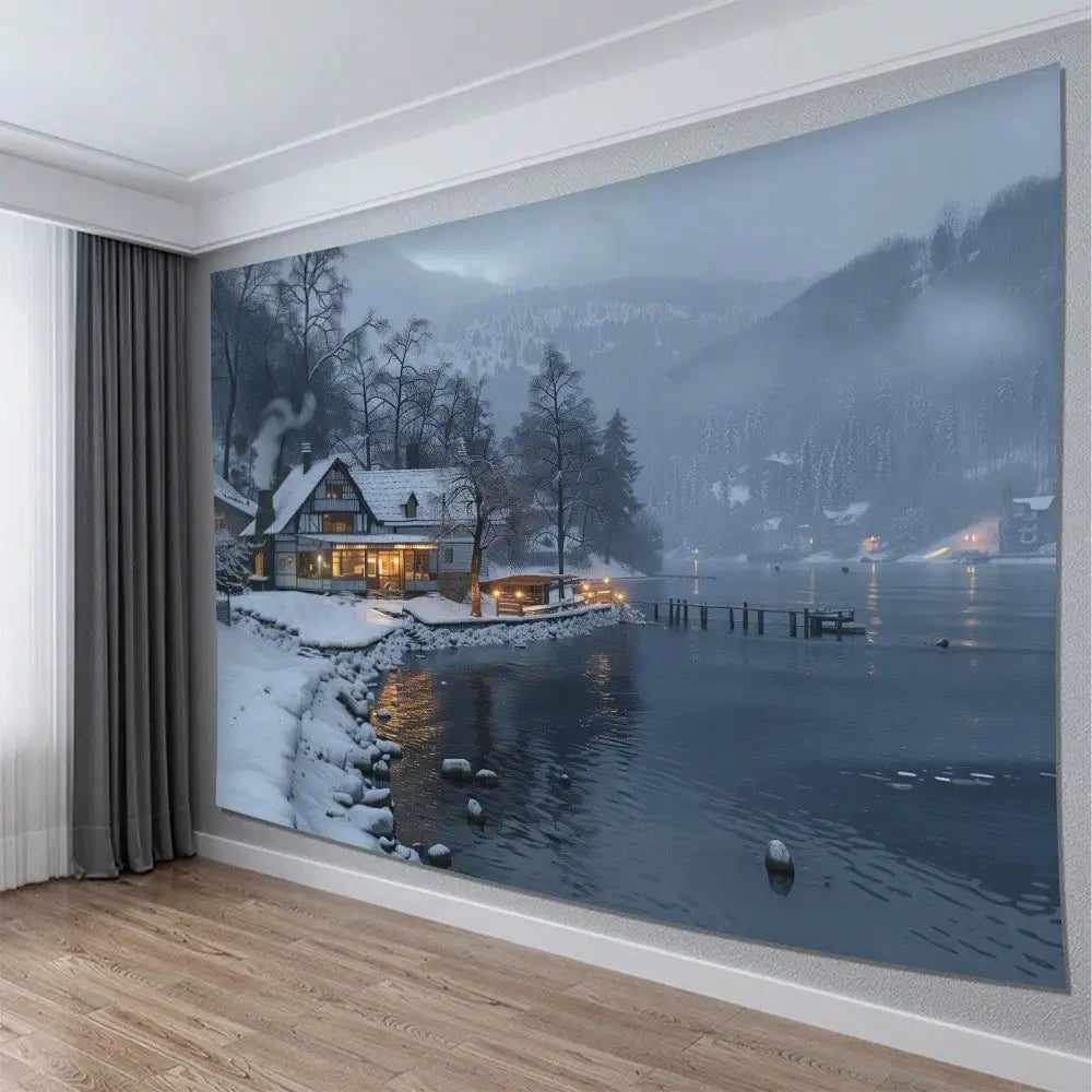 Winter Snow Cabin Lake Cozy Scenic Wall Hanging Tapestry