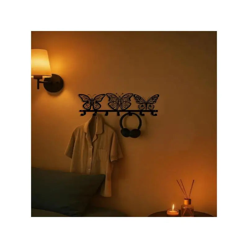 Modern Handcrafted Iron Wall Art Butterfly Key Holder, 7 Hooks
