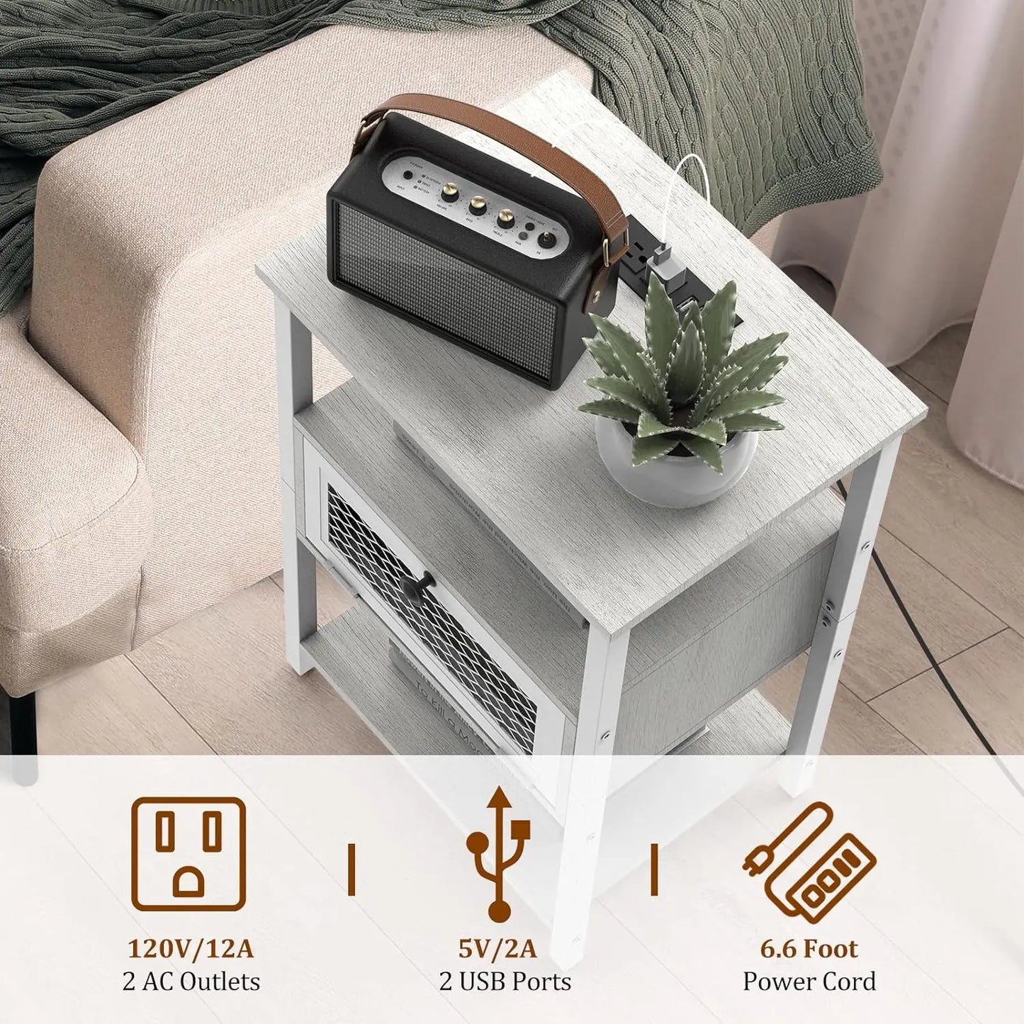 Set of 2 Nightstands with Charging Station & Flip Storage Drawer